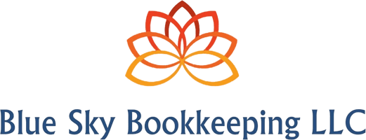 Blue-Sky-Bookkeeping-Logo-WEB-1 Logo for Blue Sky Bookkeeping LLC featuring a stylized, symmetrical orange and yellow floral design above the company name in blue text.
